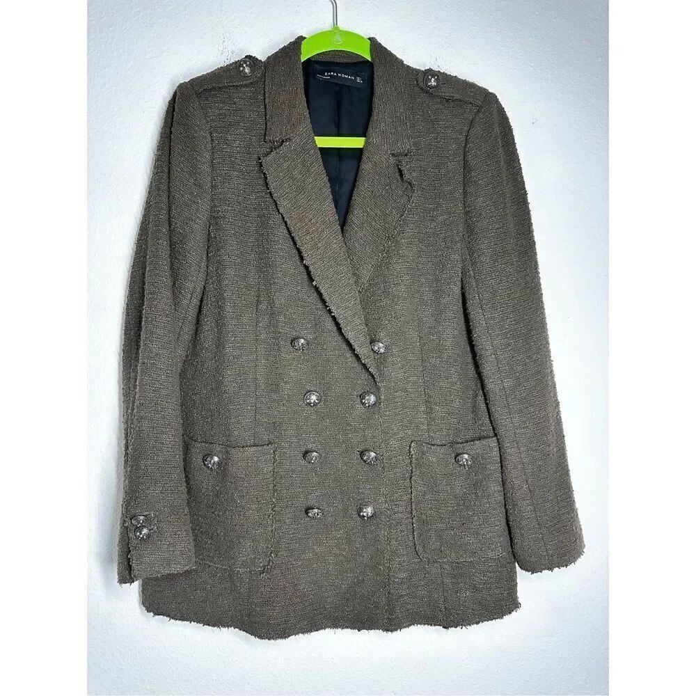 Zara Khaki Green Boucle Tweed Blazer Jacket Military Double Breasted Size L